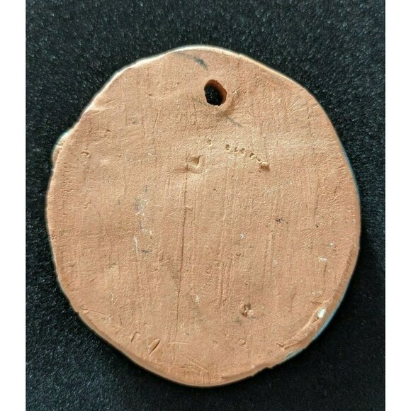 Vintage Handcrafted Artisan Clay Terracotta Pendant Painted Rustic Blue 2.5*2.5" - Picture 2 of 3